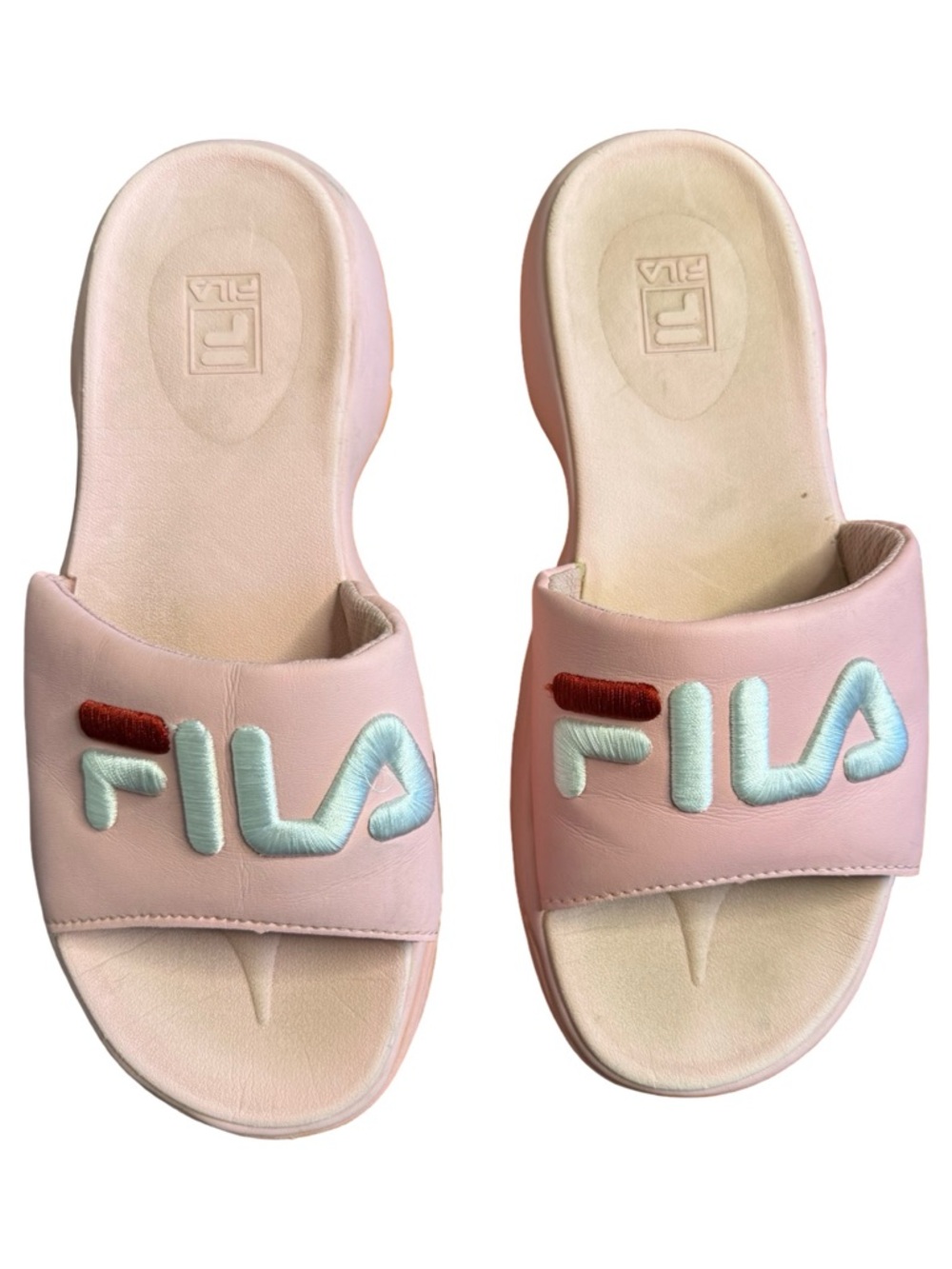 Fila Pink Slide Sandals with Mint Logo and Red Accent